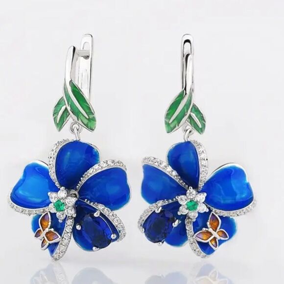 ✨🆕✨ Elegant Enamel Silver Plated Butterfly 🦋 Floral Earrings✨ - Picture 1 of 11